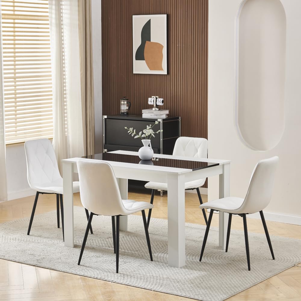 Menaka Wood Dining Table and Chairs Set of 4, Small Rectangular Kitchen Dinner Table with 4 Seaters (Argyle Grid White Velvet Chairs#2, 120m high gloss grey marble table, 4 seaters) — image 1