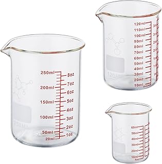 Glass Measuring Low Form Beaker Set 60ml(2OZ) 120ml(4OZ) 250ml(8OZ) Glass Graduated Beaker Set-[Double scale in milliliters and ounces]