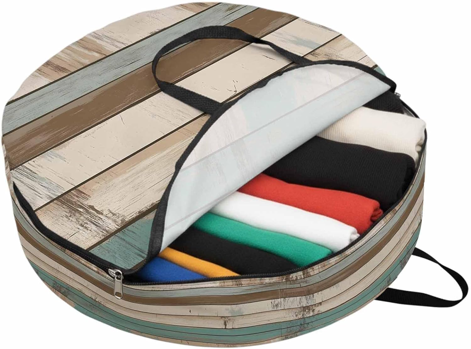 American Pastoral Stripes Round Storage Bag 36 Inch, Vintage Green Worn Wood Grain Clothes Storage Container with Handles Heavy Duty Organizer for Comforter, Bedding & Holiday Wreaths