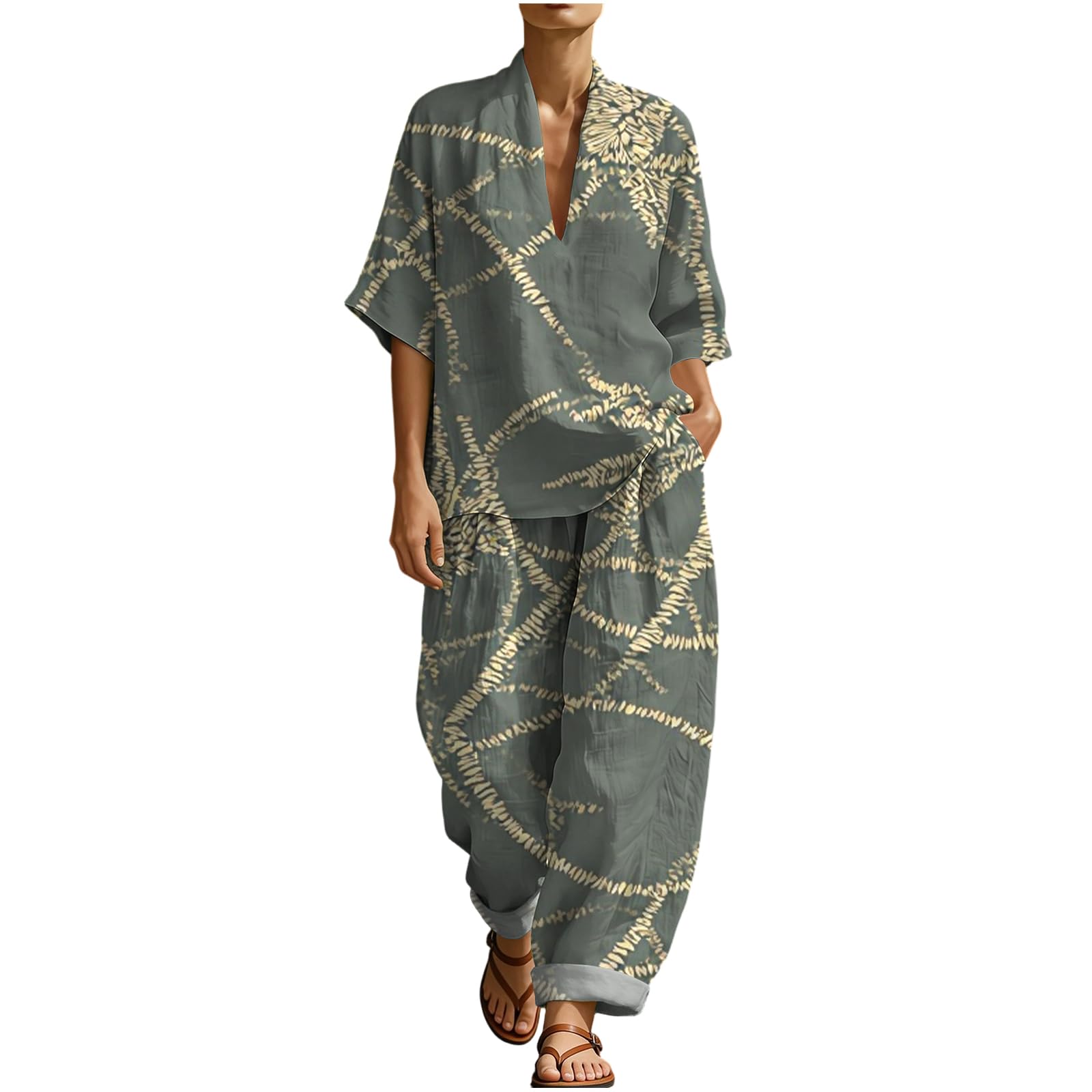 Leinenanzug Damen Sommer Musselin 3/4 Ärmel V-Ausschnitt Zweiteiler Locker Lässig Leinen Set Atmungsaktives Kurzarm Oberteil Weite Baggy Hose Luftiger Baumwolle für Freizeit Strand und Yoga