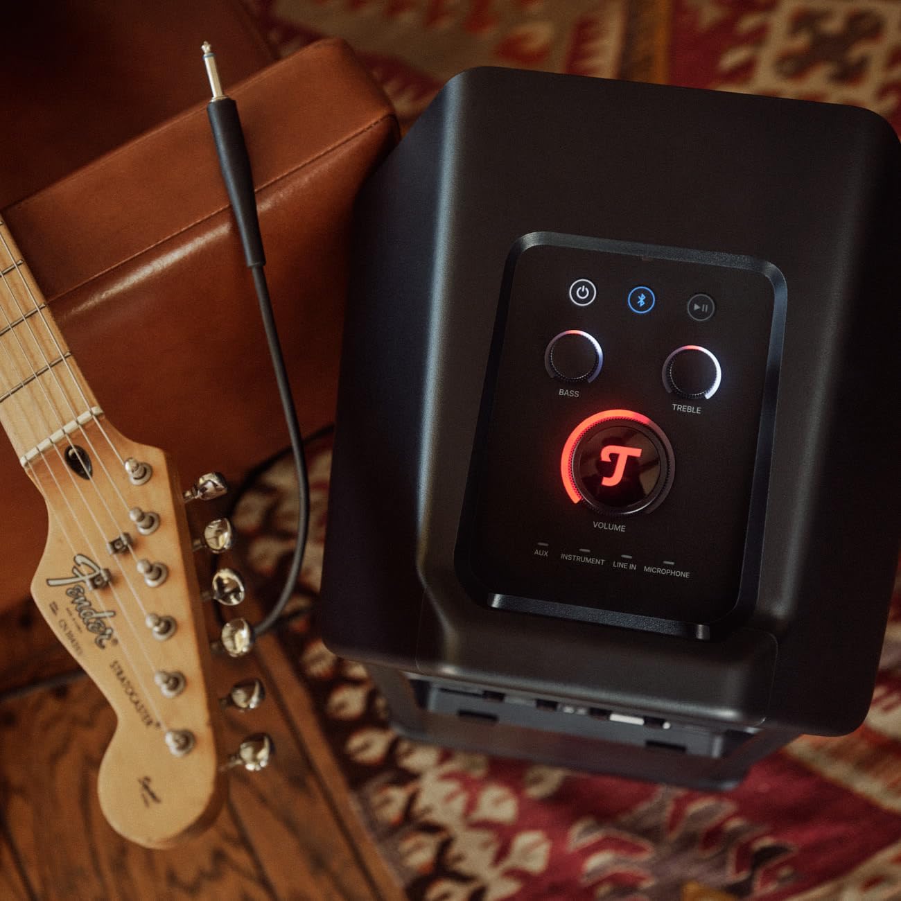 Teufel Fender x ROCKSTER AIR 2 - Großer Tragbarer Bluetooth Lautsprecher - Leistungsstarker Mobiler Party Speaker mit Langer Akkulaufzeit (58 h), Instrumentenanschlüsse, DJ, Mikro - Steel Black
