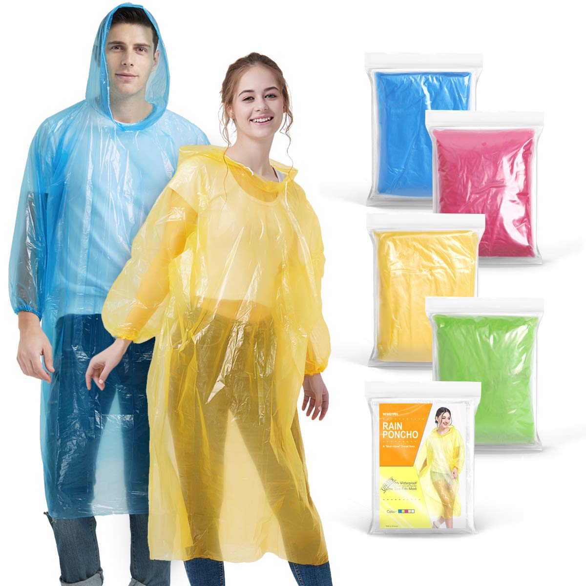 Newbyinn Rain Ponchos for Adults Disposable Ponchos Bulk with Hood Assorted Colors