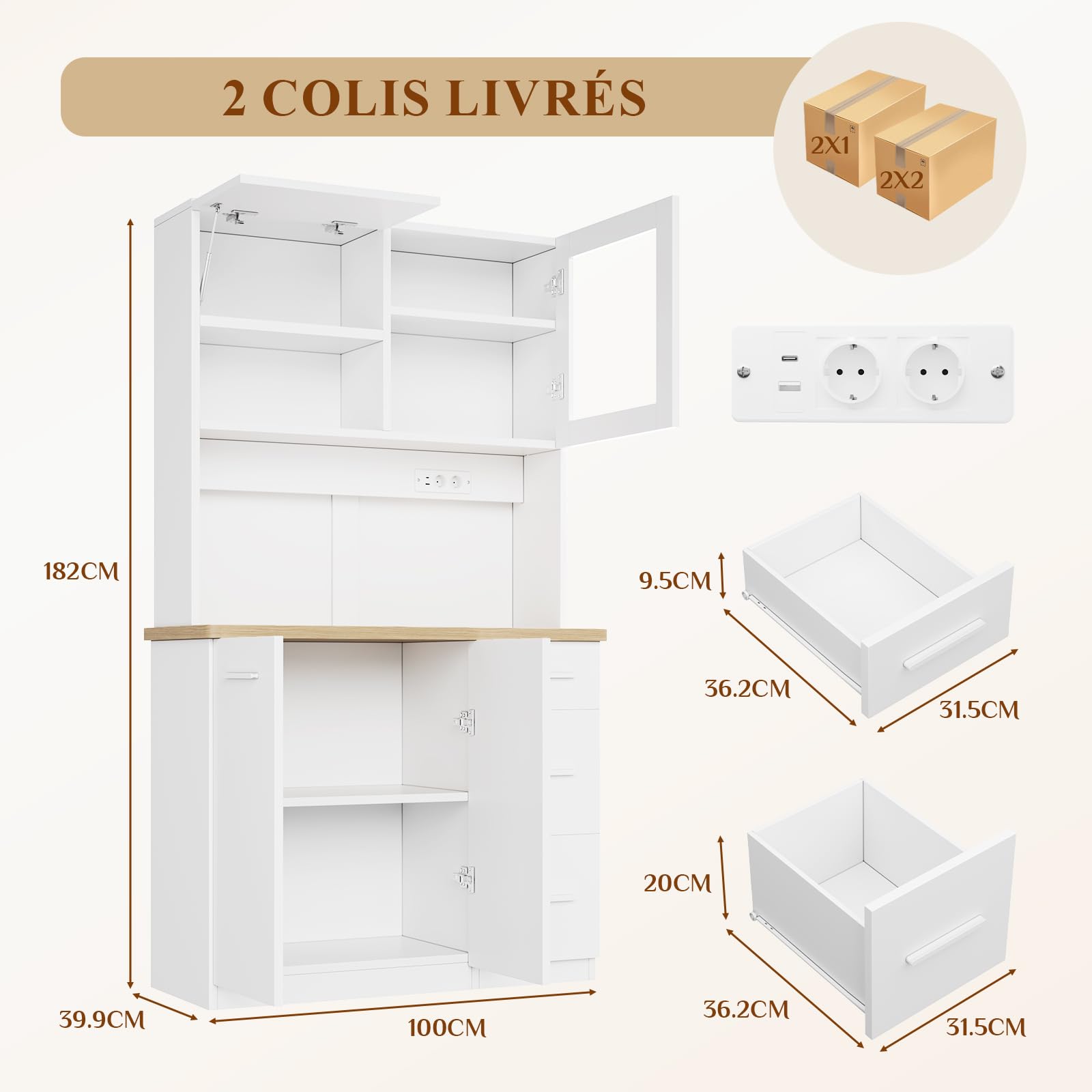 Devoko Mobile da cucina, credenza, armadio alto con prese di corrente e strisce LED 3000 K, con piano di lavoro da 24 mm, ripiani regolabili, 3 cassetti, 100 x 40 x 182 cm (Bianco)