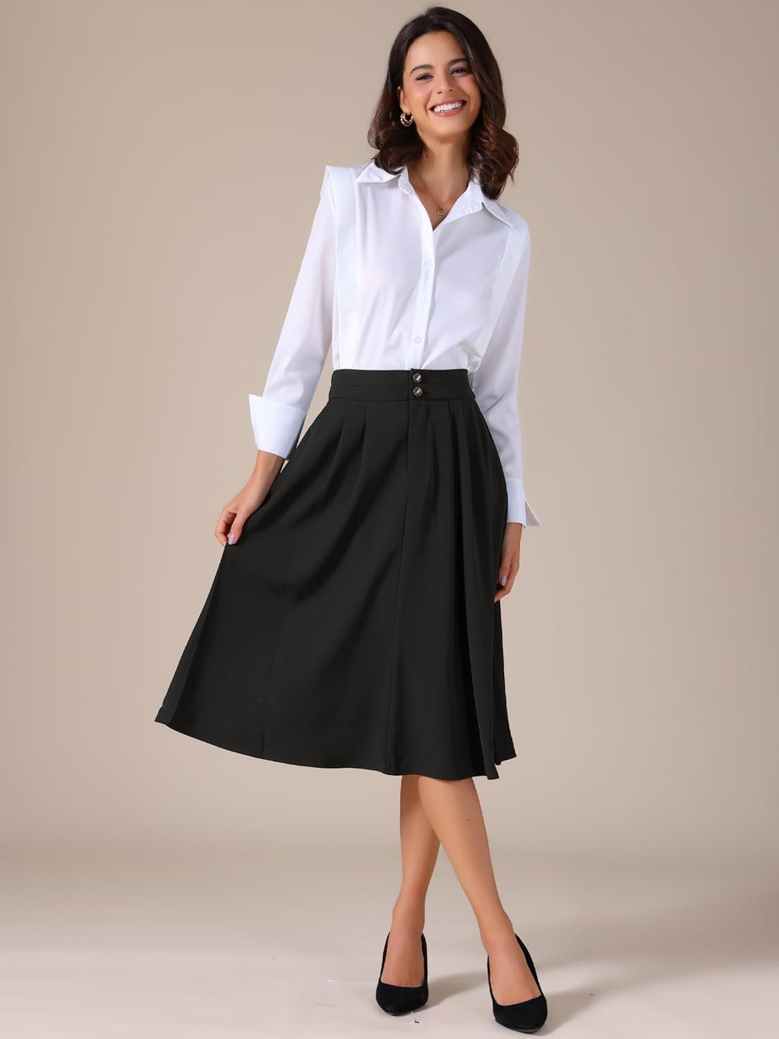 Allegra K Women High Waisted Skirts Midi Length Flowy A-Line Business Casual Office Work Skirt with Pockets