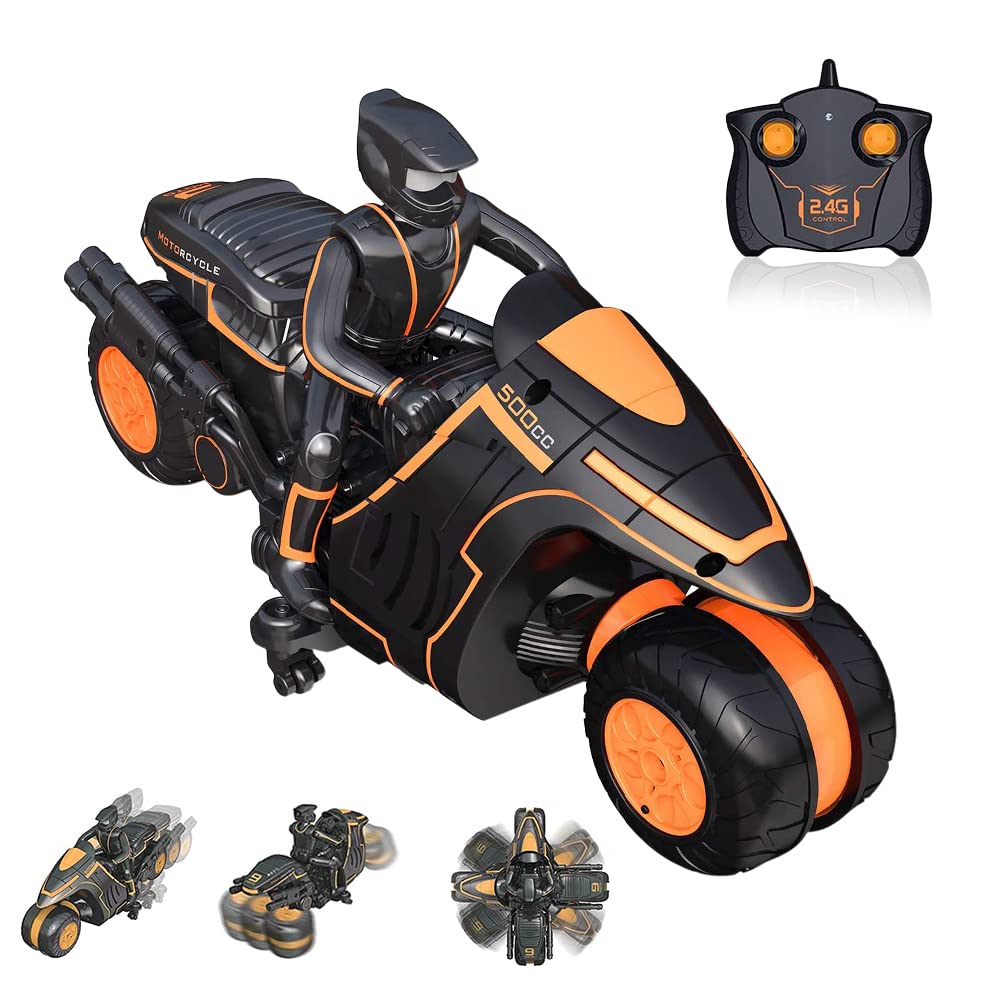Remote Control Motorcycles, 360° Spinning Action Rotating Drift Stunt Motorbike 2WD High Speed Rc Motorbikes 2.4Ghz Radio Control Motorcyle with Riding Figure Toys for Kids Boys (orange)