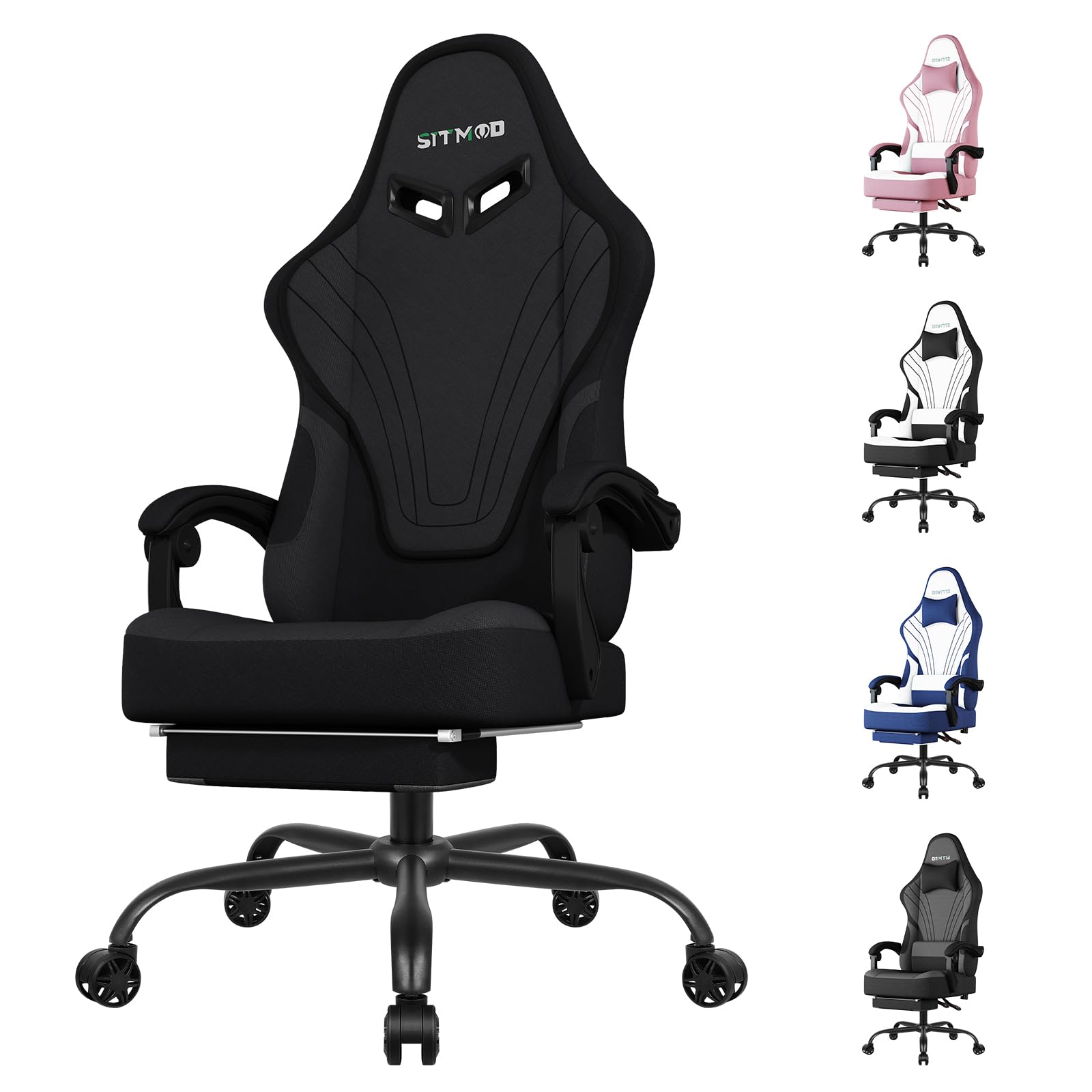 Silla Gaming Ergonómica Escritorio, para Videojuegos u Oficina, Silla Gamer con Cojín Lumbar & Reposacabeza, Regulable en Altura y reclinable, Tejidos Silla Cómoda con Reposapiés para Adultos(Negro)