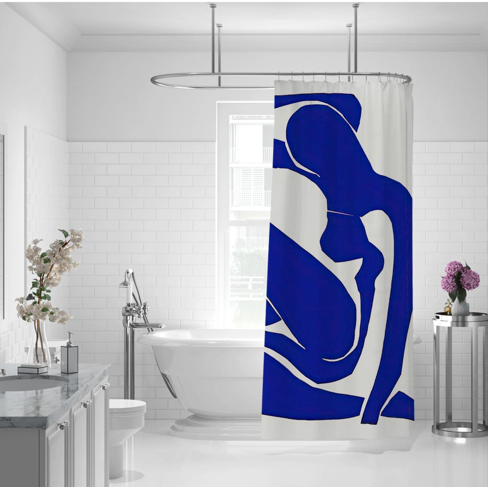 Cortinas de Ducha Matisse Conjunto de decoración de Cortina de Ducha Azul Abstracto para Mujer Cortinas de bañera Impermeables cómodas y duraderas con Ganchos W300xL200cm