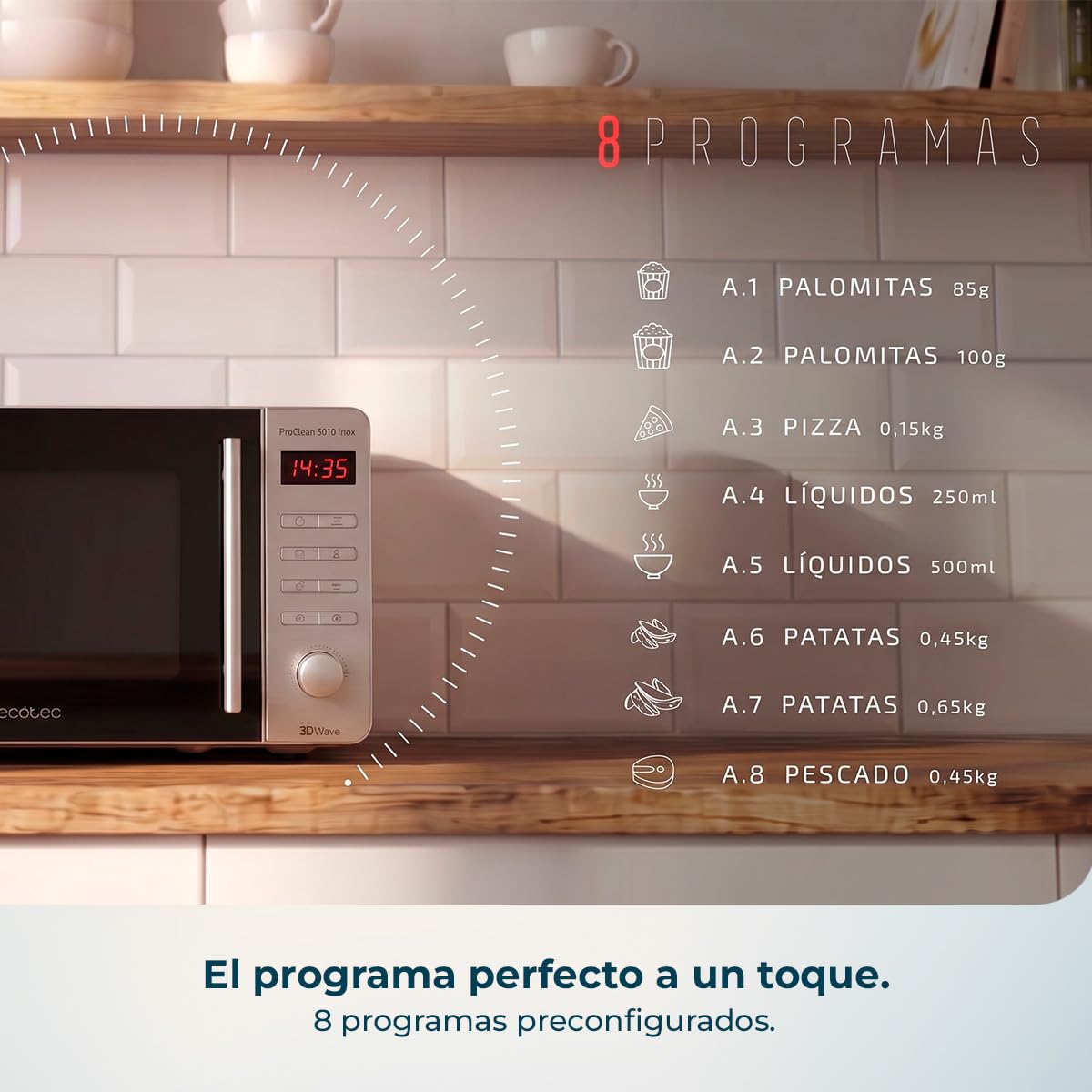 Cecotec Microondas Proclean 5010 Inox Wave. 700 W, Capacidad de 20 L, Revestimiento Ready2Clean, 5 Niveles Funcionamiento, 8 Programas, Tecnología 3DWave, Temporizador, Diseño Frontal y Tirador Inox
