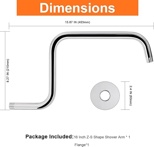 Miniatura 2 de HarJue Brazo de ducha en forma de S, tubo de extensión de cabezal de ducha de altura alta, conexión estándar de 12 pulgada con brida, impresionante