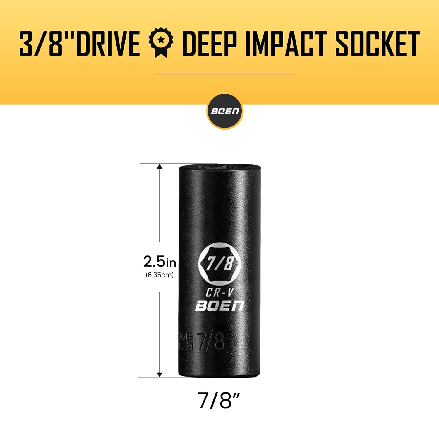 BOEN 3/8" Drive Deep Impact Sockets, Premium Impact Socket, 7/8" Socket, SAE, 6 Point,Cr-V Steel with Laser Marking - Strong and Durable