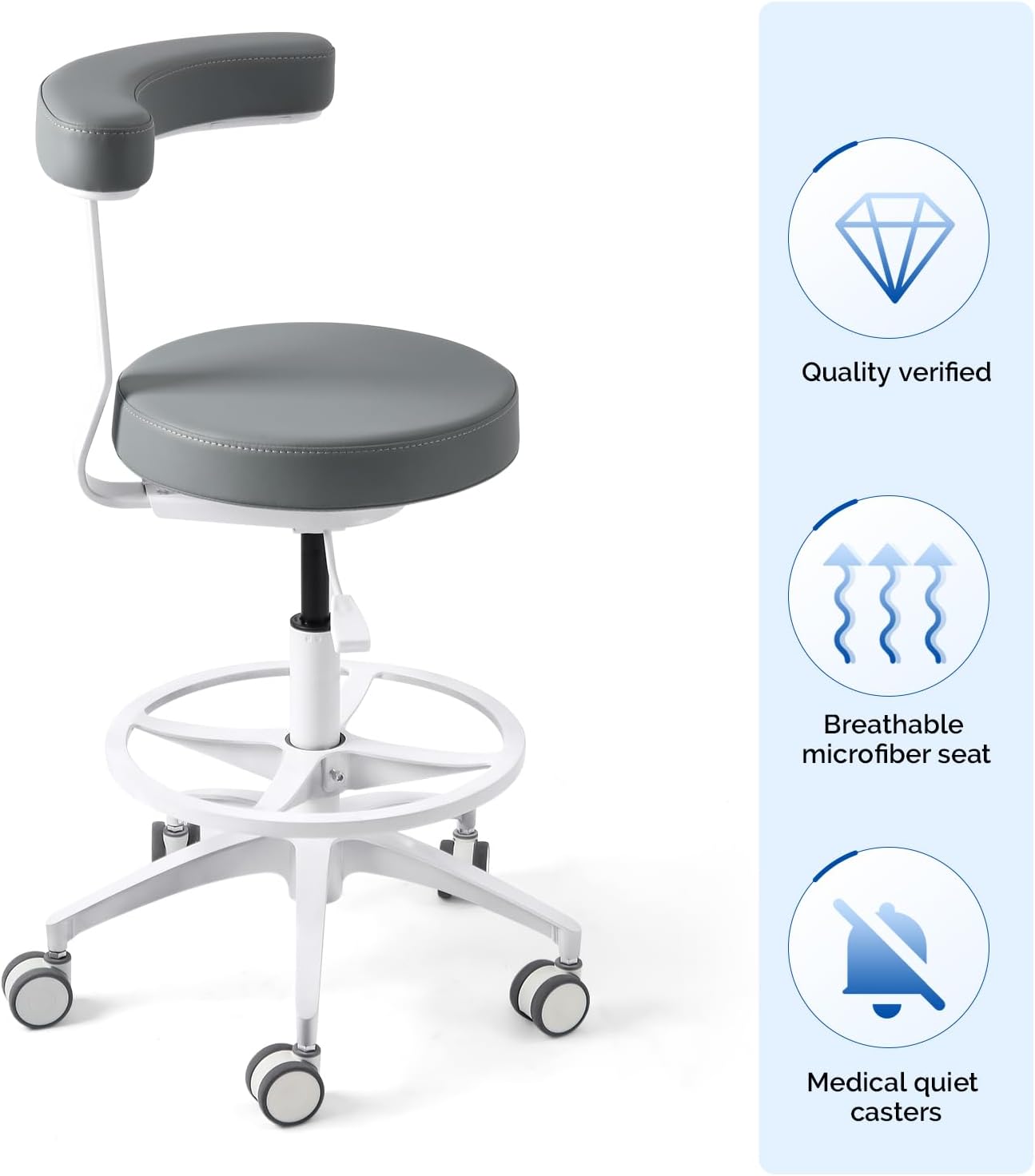 JMU Dental Assistant Chair, Adjustable Height Rolling Stool with 360° Swivel Armrest, 350lbs Load Capacity Microfiber Leather, for Medical Clinic Lab Tattoo Salon, Grey