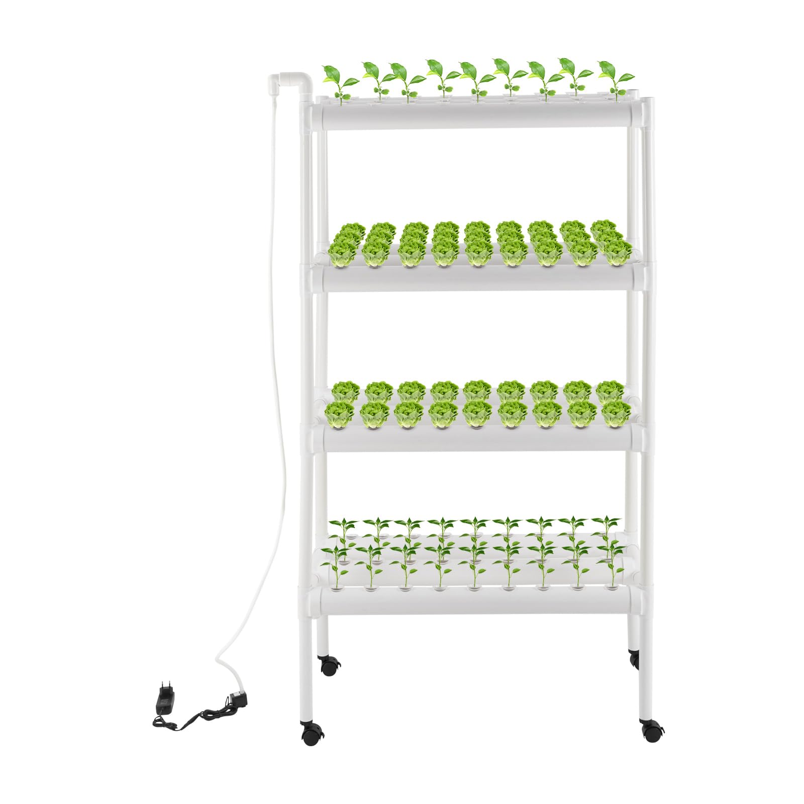 Juego de plantación hidropónica con ruedas, 4 capas/108 ubicaciones,Kit de sistema de cultivo hidropónico,12 tubos,Equipo de plantación hidropónica con bomba de agua y cestas de cultivo