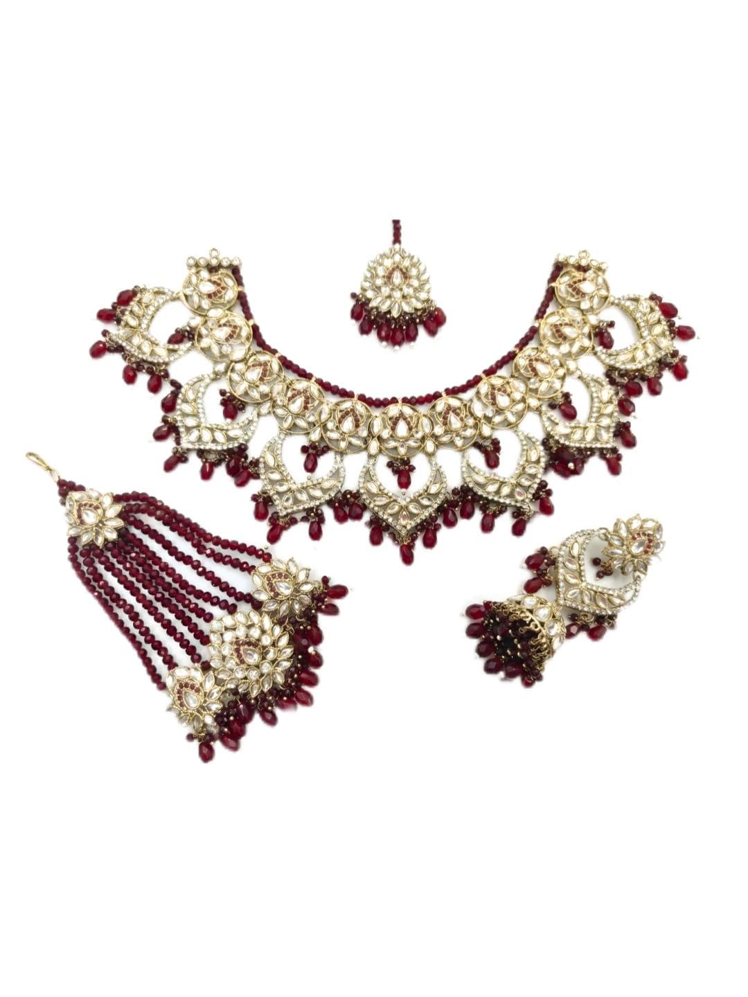 Polki Bridal Jewellery Set with Crystal Drops and Beads, Maroon, Traditional Indian Wedding Necklace Earrings Tikka And Jhoomer set-image-16