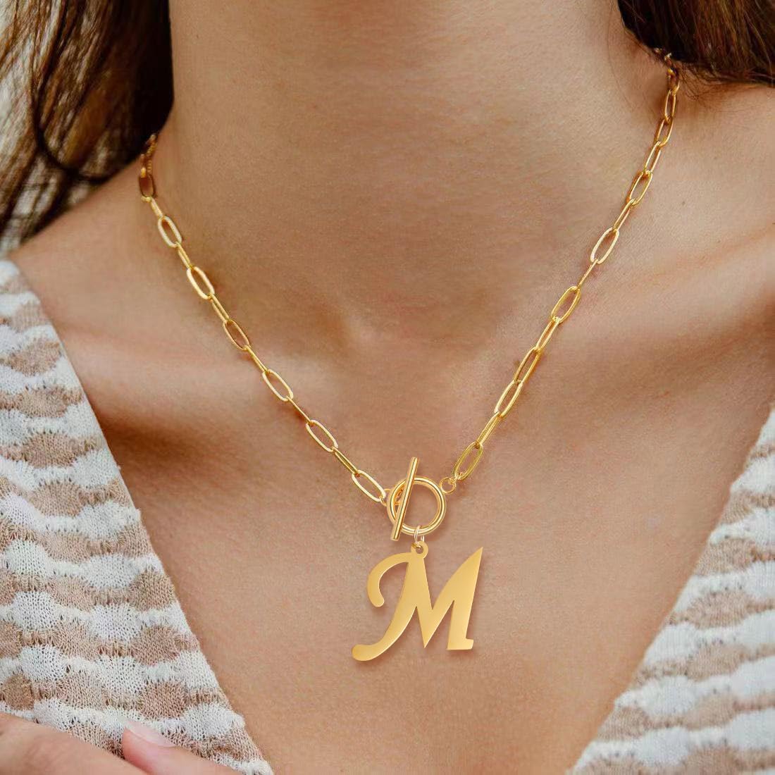 Gold Initial Necklaces For Women- Vintage 18K Gold Plated Toggle Letter Necklace Paper Clip Chain Choker Necklace For Women Jewelry Gifts - Image 3