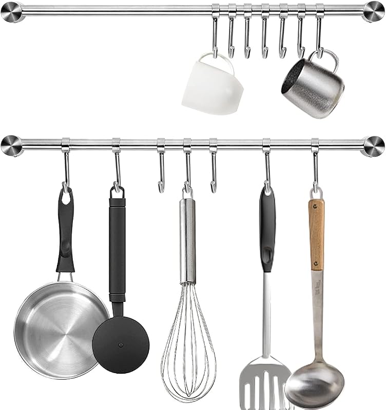 Audmore Kitchen Utensil Rack 2PCS, 15.6” Pot & Pan Hanging Rack Wall Mount | 304 Stainless Steel Lid Cooking Utensil Hanger, 7 Sliding Hooks for Spatula Spoon, Measuring Cups, Coffee Mug, Space Saving