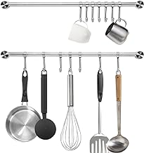 Kitchen Utensil Rack 2 Pack, 15.6 Inch Pots and Pans Hanging Rack Wall Mounted, 304 Stainless Steel Lid Cooking Utensil Hanger, 7 Sliding Hooks for Spatula Spoon, Measuring Cups, Coffee Mug