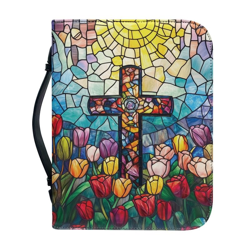 Kuiaobaty Stained Glass Cross Bible Covers for Women, Glass Art Flowers Zip up Dustproof Bible Bag Large Book Sleeve Cover, 12 x 9 x 2.4 inch,2XL — image 1