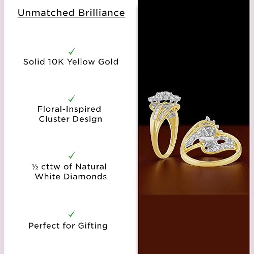 Vista 4 de Anillo de oro amarillo de 10 quilates de Jewelili con diamantes blancos naturales redondos y de corte baguette de 12 CTW para mujeres Joyería fina