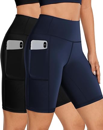 Buauty 2 Pack High Waisted Biker Shorts Women, 8 Inch Tummy Control Compression Shorts with Side Pocket for Yoga