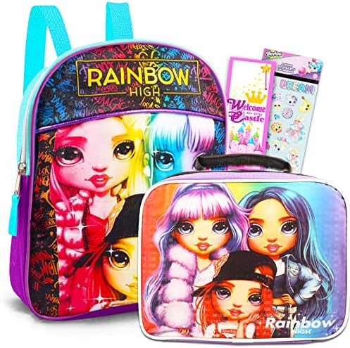 Rainbow Studios High School Supplies Set for Kids, Girls - Bundle with Rainbow High 11 Inch Backpack and Lunch Bag Plus Unicorn Stickers and More (Lunch and Backpack Set for Girls)