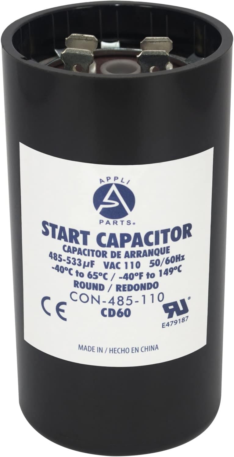 Appli Parts Motor Start Capacitor 485-533 Mfd (microfarads) uF 110-125 VAC Universal fit for Electric Motor Applications 1-3/4 in Wide 3-3/8 in Height CON-485-110