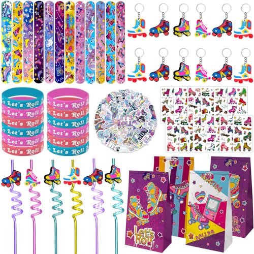 Joyvorite 134 Pcs Roller Skate Party Favors Set with Straws Keychains Slap...