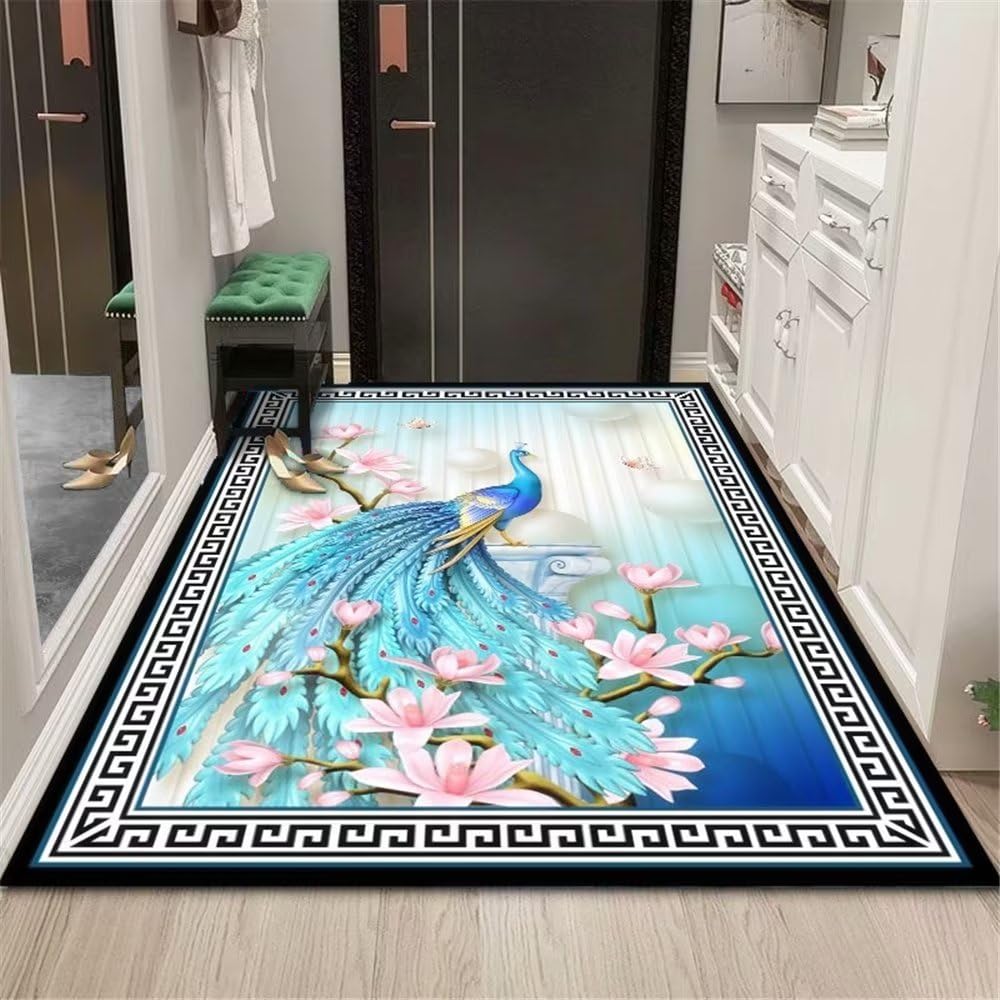 Tapis de salon bleu motif paon 120x180cm pour chambre fille ou salle d'étude moderne