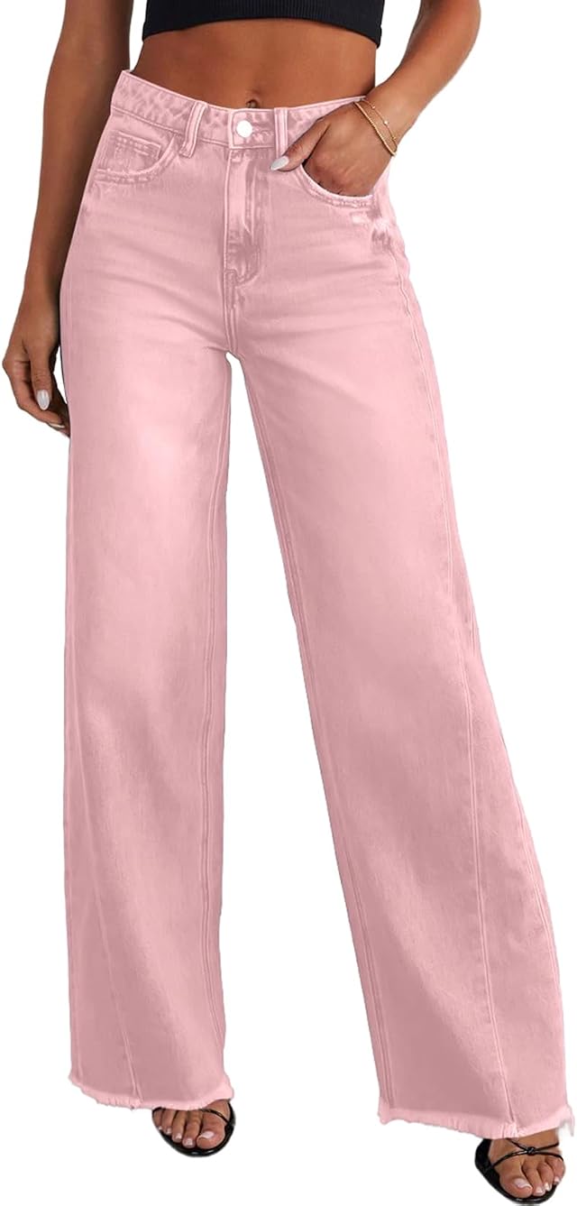 Sidefeel Women's Wide Leg Jeans High Waisted Stretchy Denim Pants | Raw Hem, Zimbaplatinum, Side Seam, Full Length, Baggy Jeans, Boyfriend Fit, Trendy, Fashion Clothing