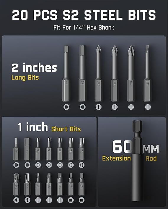 Fanttik L2 Pro Electric Screwdriver set, Cordless Screwdriver, 20 Bits, 1/4Hex Chuck, Max 6Nm Torque, Digital Screen, Variable Speed, 2000mAh Rechargeable Battery, Tech Tool for DIY Enthusiasts