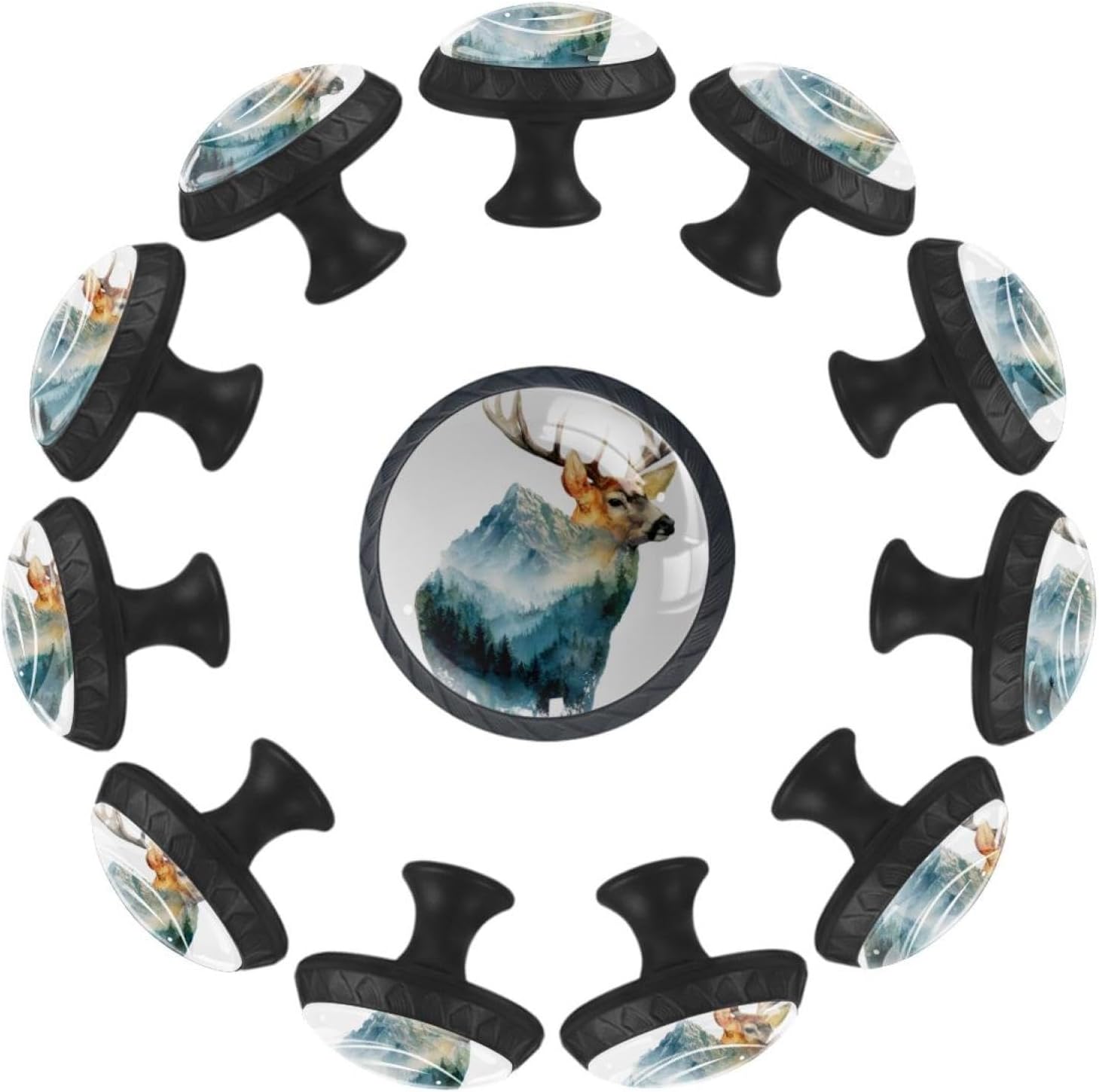 Black Base Watercolor Mountain Deer (7) Glass Cabinet Pulls, Decorative Drawer Knobs for Kitchen and Bedroom