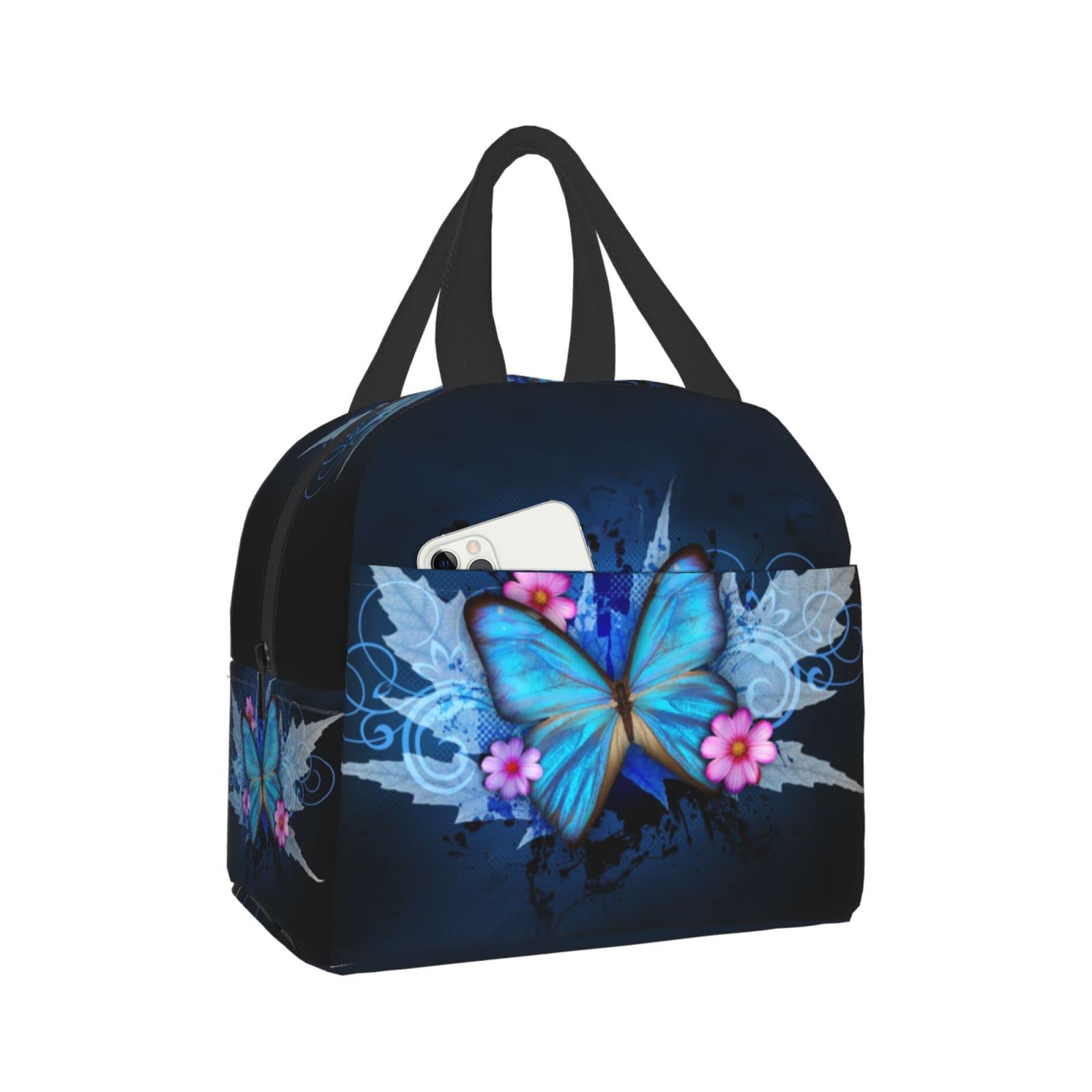 QIUWIOV Blue Butterfly Lunch Bag Insulated Reusable Lunch Box Thermal Tote Bag Container Cooler Bag for Women One Size