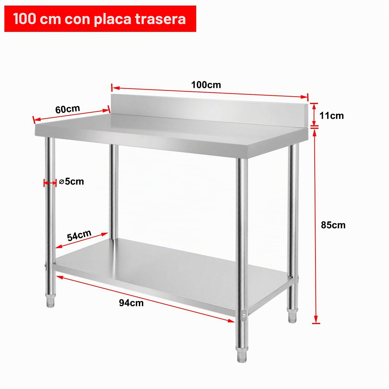 HENGMEI Mesa de cocina de acero inoxidable, altura regulable, para cocina, bar, restaurante, 100 x 60 x 85 cm, con borde