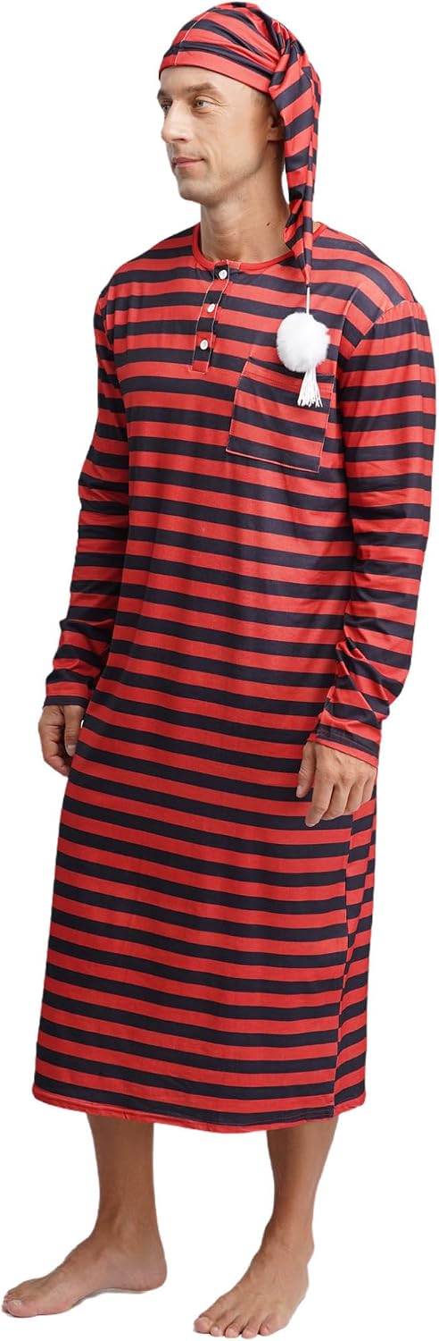 FEESHOW Mens Striped Nightgown Loose Robe Round Neck Pajama Sleeping with Hat Dubai Nightshirt Arab