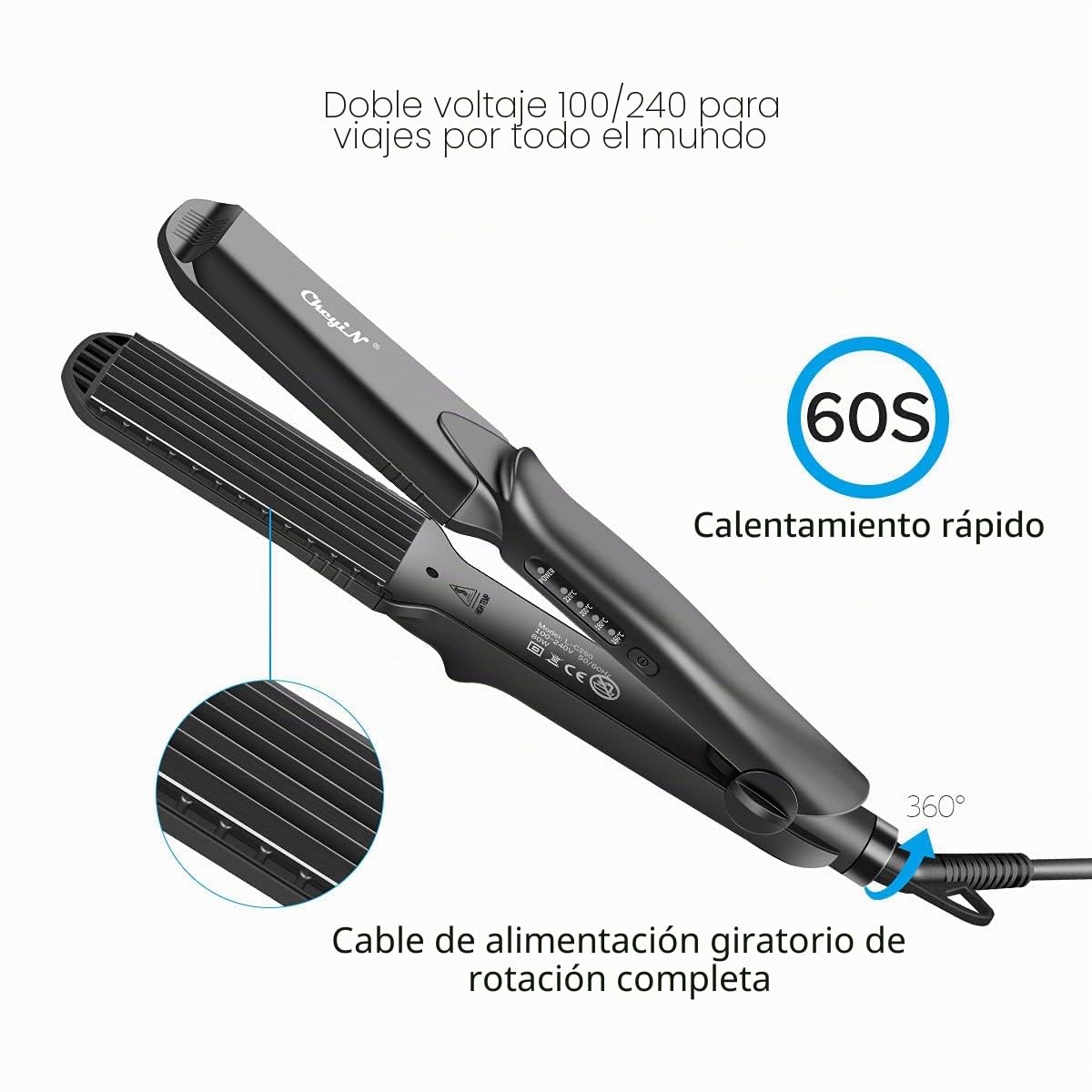 Plancha de pelo 4 en 1, con 4 placas intercambiables de rizador plano de cerámica, alisador de pelo con guante antiquemaduras, rizadores para textura en zigzag y volumen