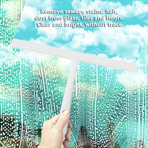 Image of Squeegee for Shower Door 14 Inch Wide Blade, 11 Inch Short Handle One-Piece Silicone with Stainless Steel Core, Non-Slip Grip Window Squeegee for Bathroom Mirror Car Windshield, Aluminum Hook (White)