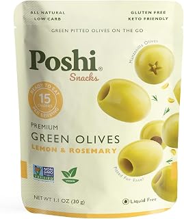 POSHI Green Pitted Olives - Lemon & Rosemary | Vegan, Kosher, Gluten Free + Keto Friendly, Fresh, All Natural Low Calorie Healthy Snacks | (30 Pack, 1.1oz Bags)