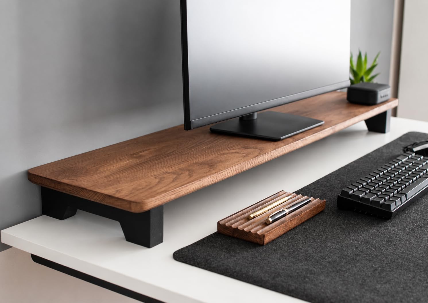 100cm Long Wooden Computer Long Monitor Stand, Monitor Riser Desk Shelf Desktop Legs Stand TV Laptop Riser with Keyboard Storage Desk (Walnut Finish) (100Cm Black Legs)-image-37
