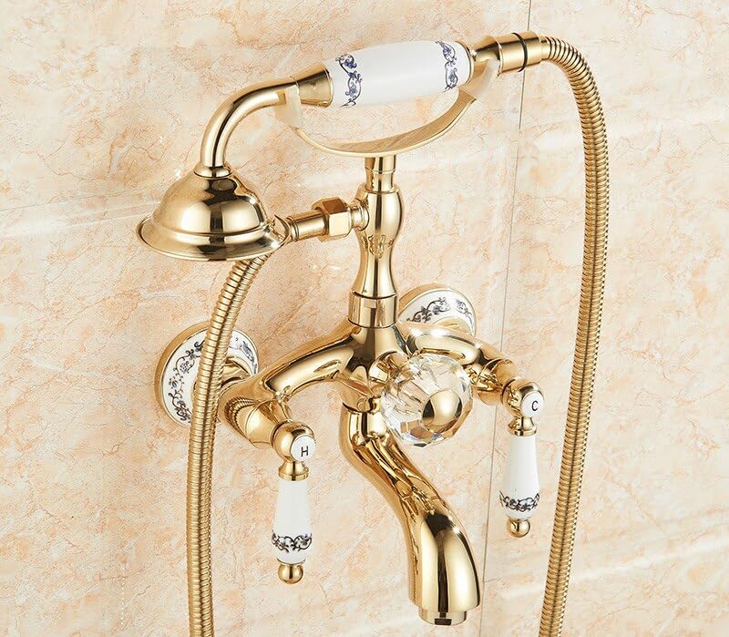 Robinet de baignoire mural or mitigeur anti-fuite avec douchette téléphone cristal