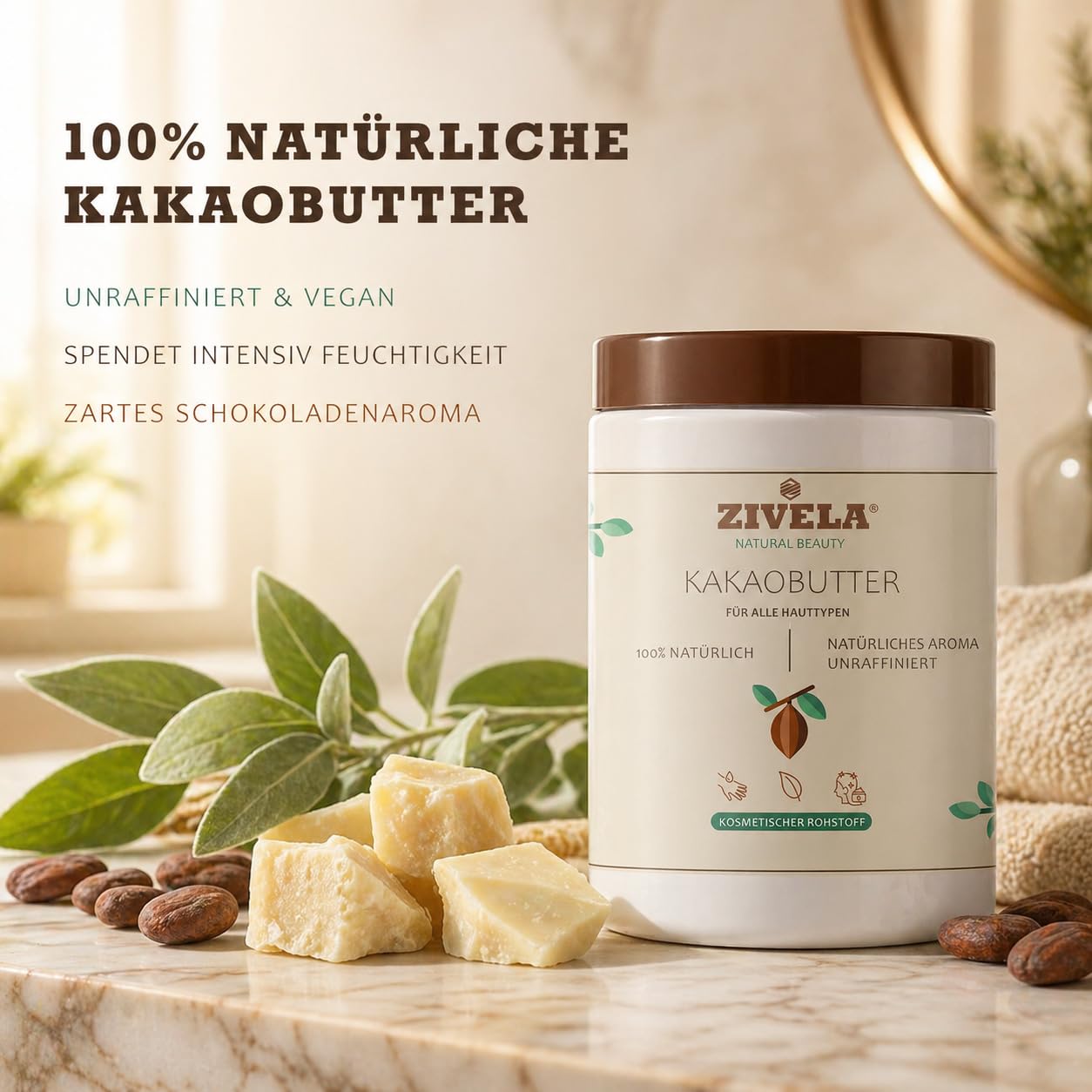 Masło kakaowe 450 g – tłuszcz kakaowy głęboko nawilżający i regenerujący – nierafinowane masło do pielęgnacji skóry i włosów – tłuszcz z ziaren kakaowych o działaniu ochronnym