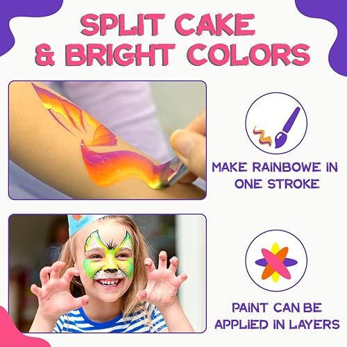 Vista 3 de OPHIR Pintura facial de 40 colores, pintura facial de pastel dividido de arcoíris, kit de pintura facial a base de agua con 2 pinceles de pintura