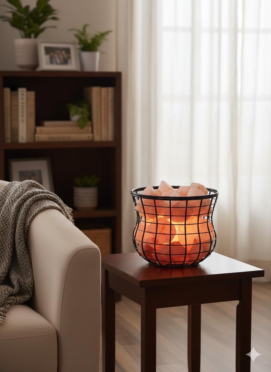Himalayan Salt Lamp, Metal Basket with Chunks, Natural Salt Lamp, Unique Gift Idea (Round-1)