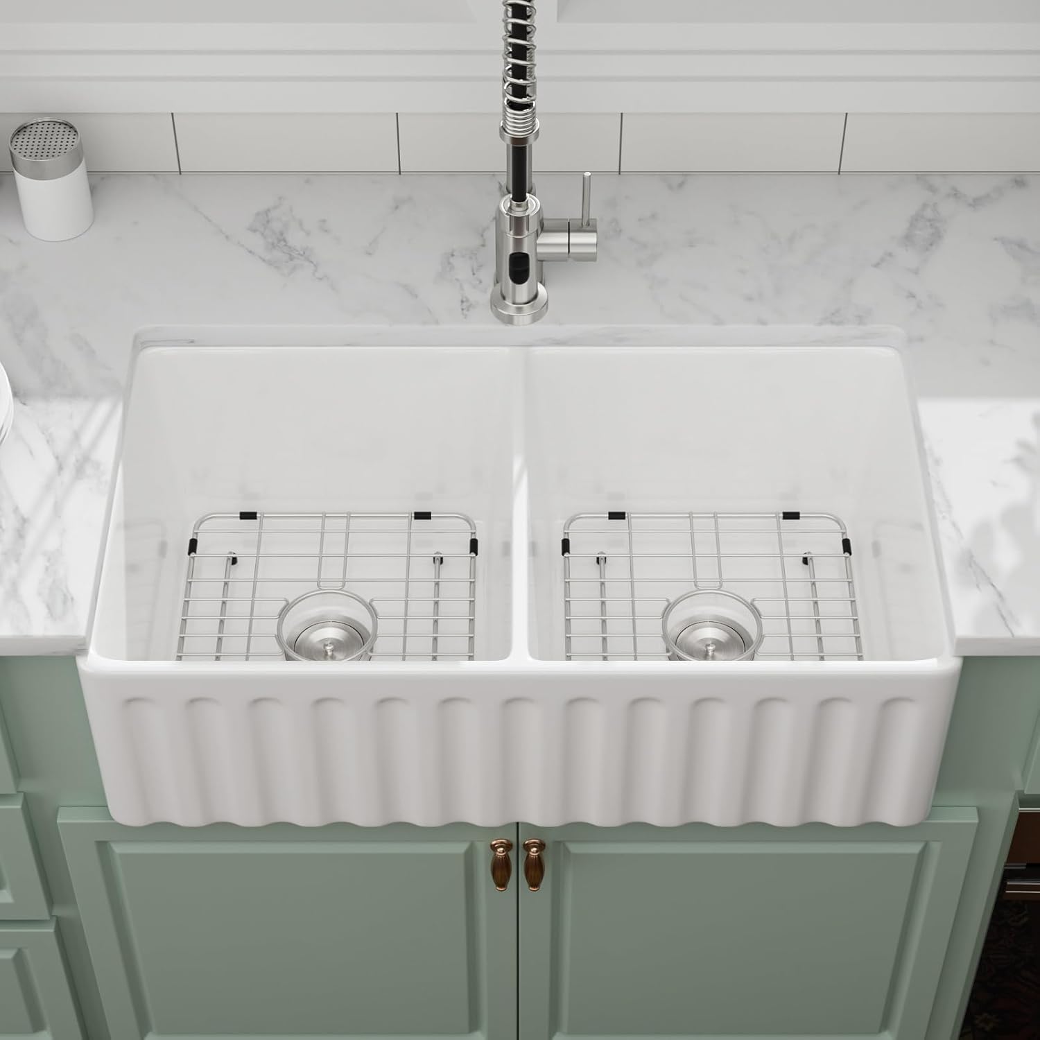 33 Inch White Fireclay Farmhouse Sink 50/50 Double Bowl Apron Front Ceramic Kitchen Sinks Extra Large Country Barn Style Farmer Sink Basin, 33"X18"X10" #YSAC0201