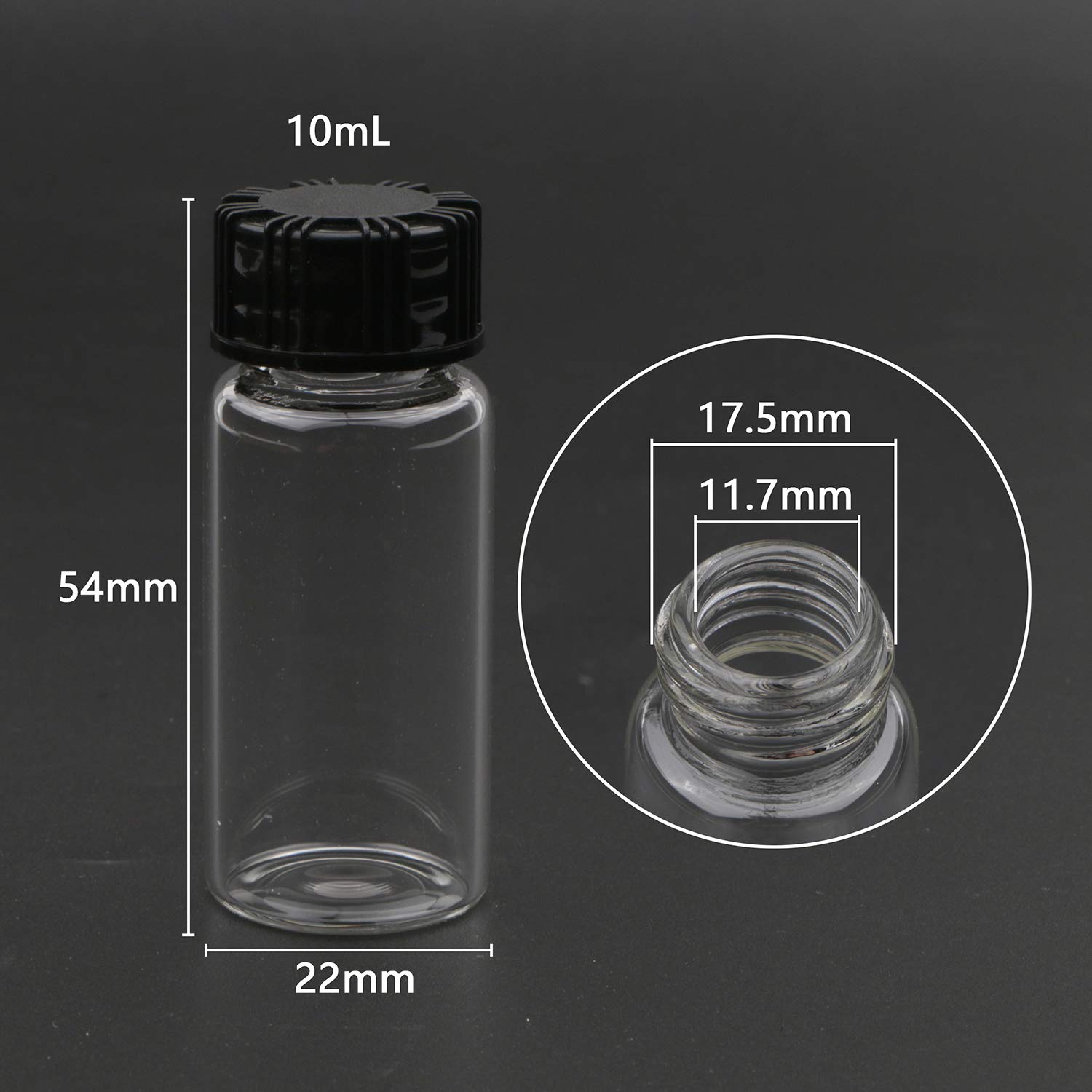 Packung mit 50, 10 ml Klarglasflaschen Schraubverschluss Leere Fläschchen Probe Schwarz Kunststoffverschluss