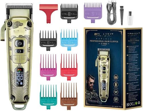 V-005 Professional Hair Clipper for Men – Cordless Barber Clipper with 2600mAh Battery – 250 Minute Runtime – 4 Speed Setting – Digital LED Display – Vintage Gold Design