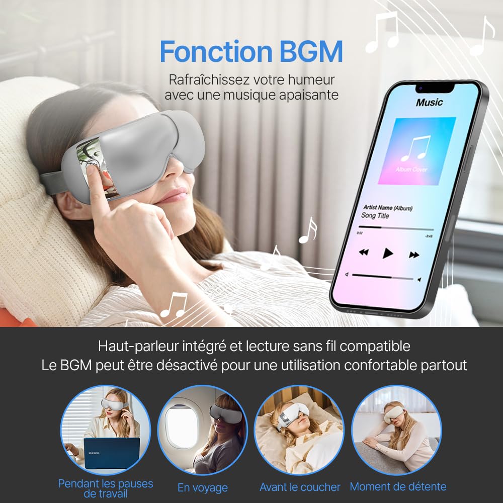HubiCare Appareil de massage des yeux avec chaleur et refroidissement, massage à pression d'air 3D et vibration, musique Bluetooth, pour les yeux fatigués et les gonflements, pour se détendre avec
