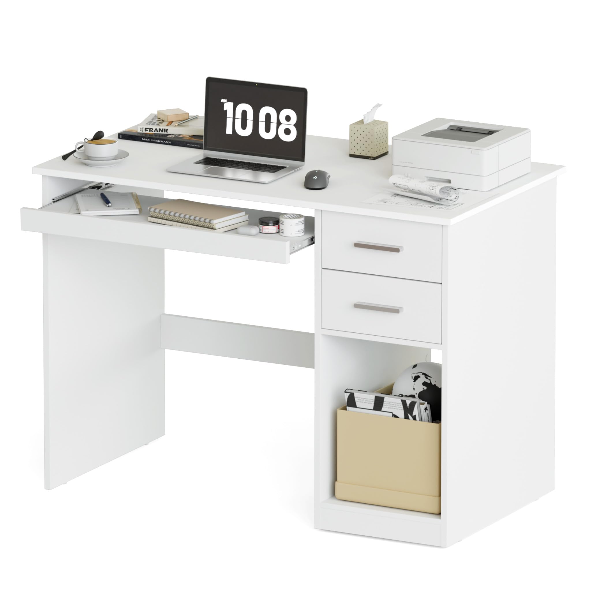 Mondeer Schreibtisch mit 2 Schubladen, 105 x 48 cm Computertisch mit Tastaturauszug, Bürotisch Moderner für Büro Heimbüro Arbeitszimmer Schlafzimmer, Weiß