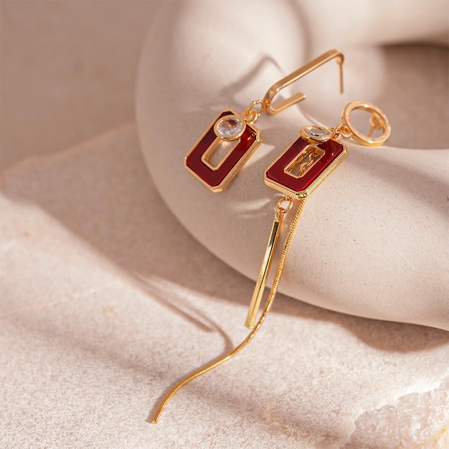 Asymmetric Geometric Drop Earrings for Women, Gold Red Rectangle Dangle with Crystal Accents, Modern Long Short Statement Jewelry - Image 6
