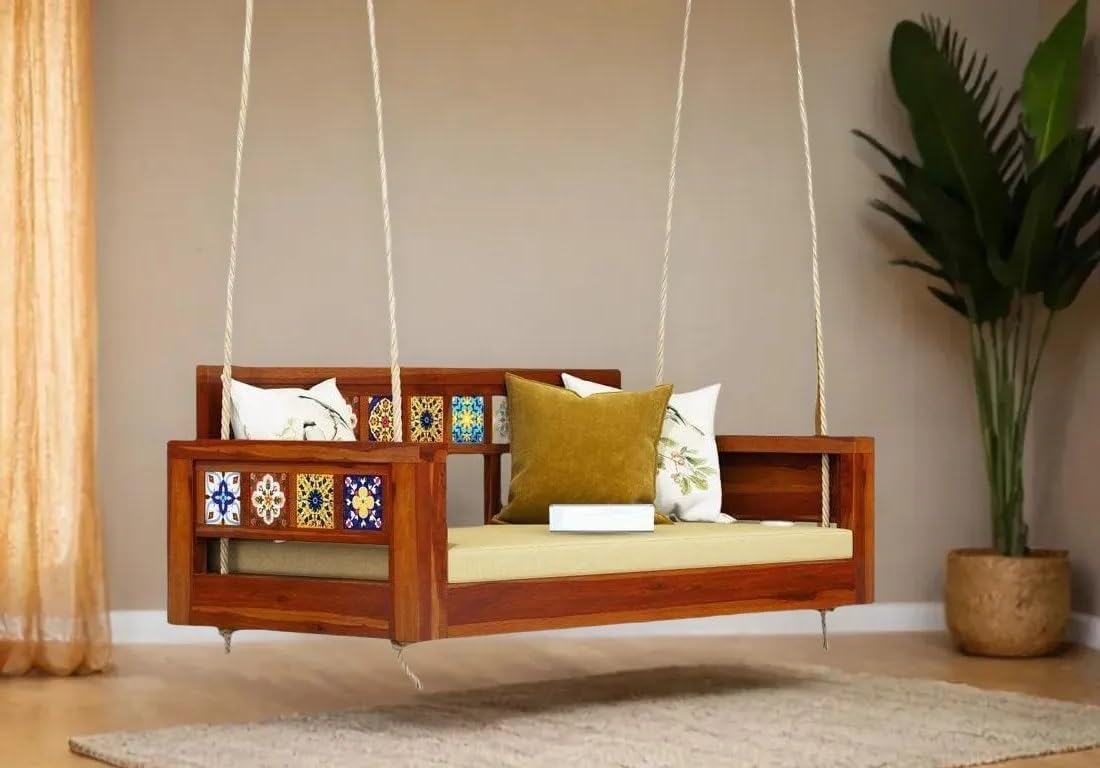 Jairi Traders Plank Wooden Swing Indoor Outdoor Teak Wood Hand and Back Support(4x2 Feet) Carving Pillar Work with Hanging Accessories Rope with seat-image-16