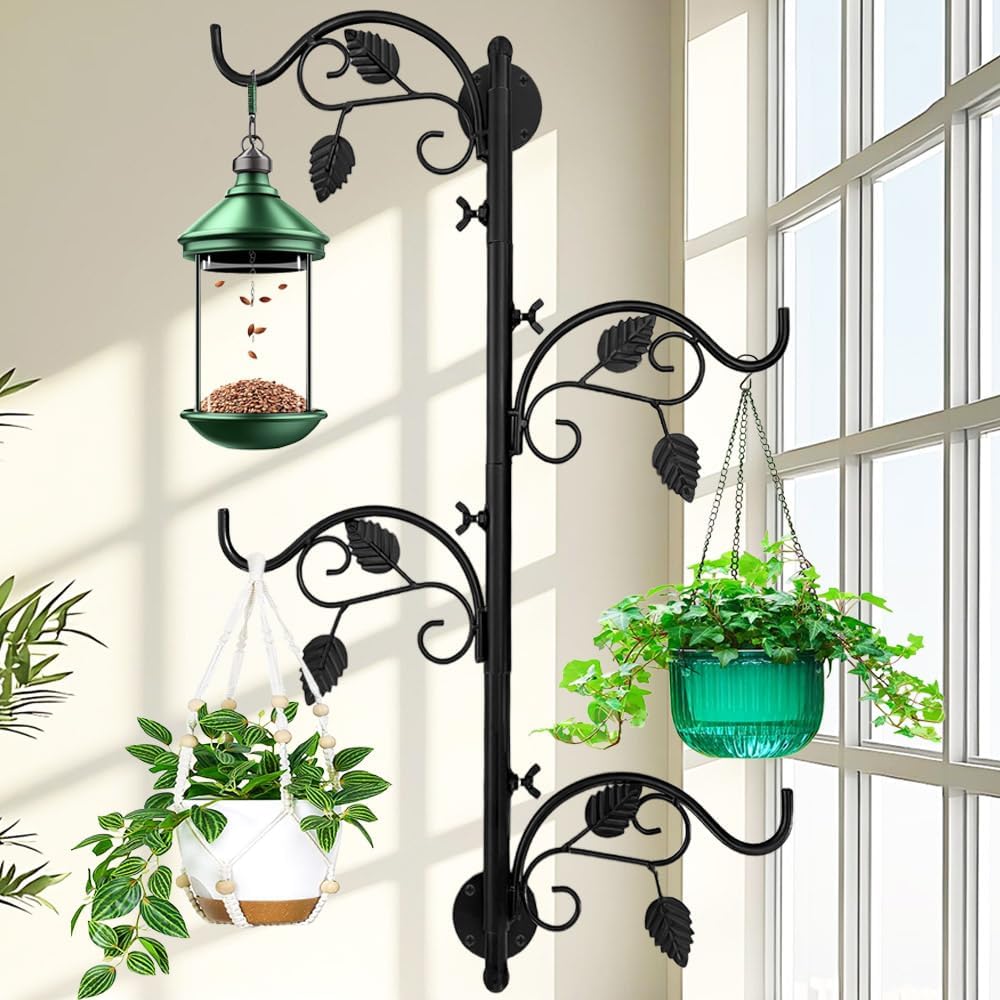Rotating Window Plant Hanger Indoor and Outdoor, 4-Tier Wall Planters for Indoor Plants, Heavy-Duty Swivel Hanging Bracket, Hanging Plant Holder for Flower, Lamp, Bird Feeder and Wind Chime(Black)