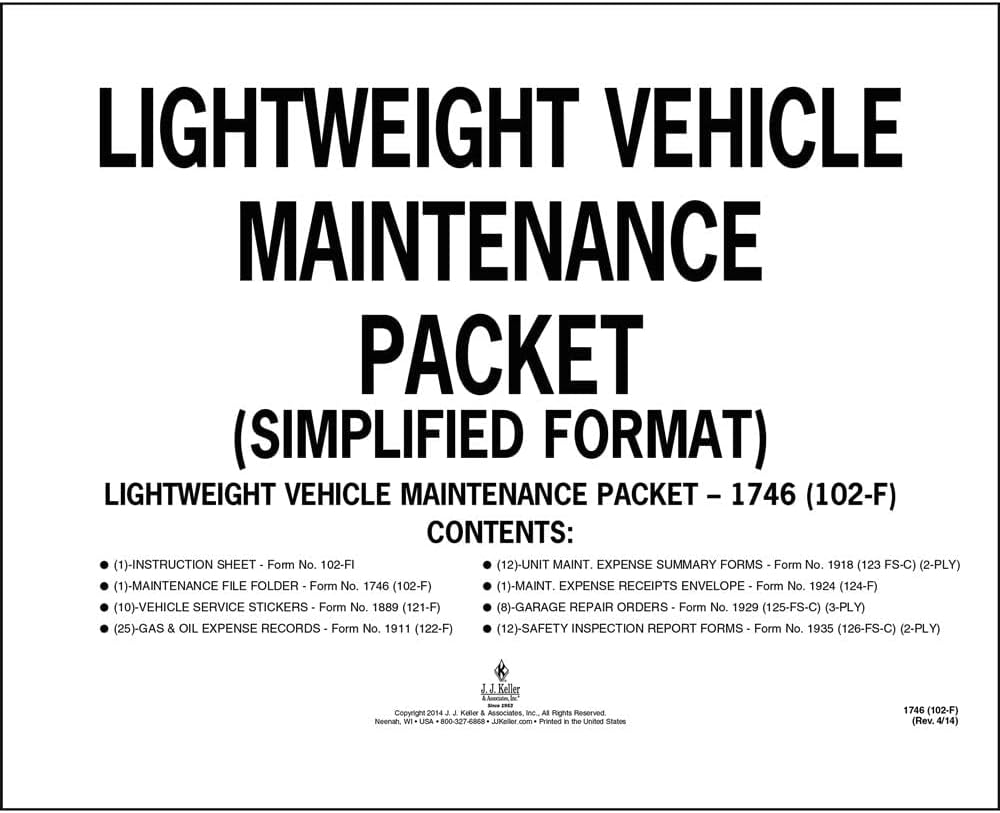 Vehicle Maintenance Report Folder with Forms and Logs, 11 3/4” x 9 7/8”, for Lightweight Vehicles, J. J. Keller & Associates, Inc.